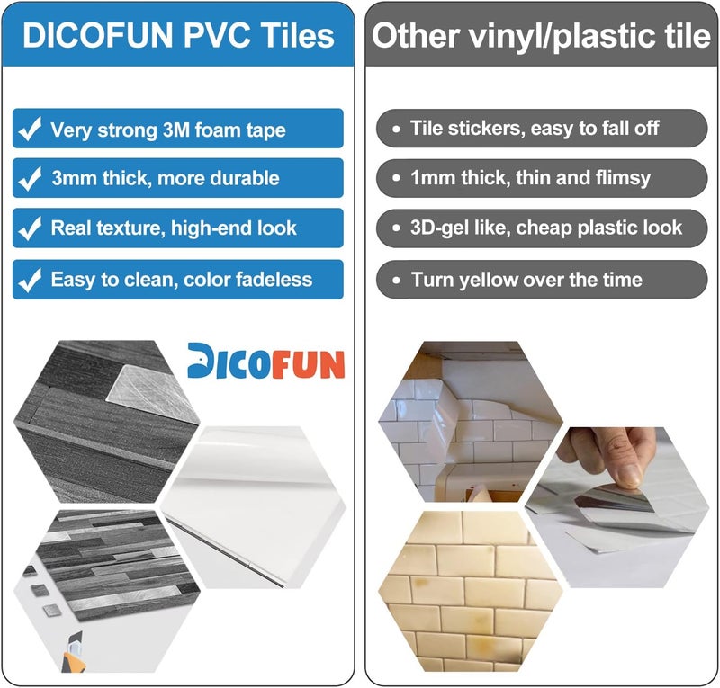 DICOFUN Peel and Stick Backsplash Tiles, Black & Grey Wood Look PVC Mixed Metal Stick on Backsplash Tiles, 1 Sheet - Image 4